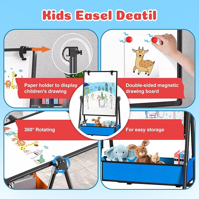 Kids Easel Double-Sided Art Easel with Paper Clip Height Adjustable Whiteboard & Chalkboard 360°Rotating Standing Art Easel for Kids Gift for Boys and Girls Toys for Ages 2-4