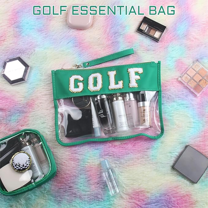BuyCard 2 Pcs Golf Gifts Cosmetic Makeup Bag with Chenille Letter Patch, Clear Pouch PVC Organizer Purse, Waterproof Travel Bag, Portable Toiletry Storage Bag for Her Girls Friends Women