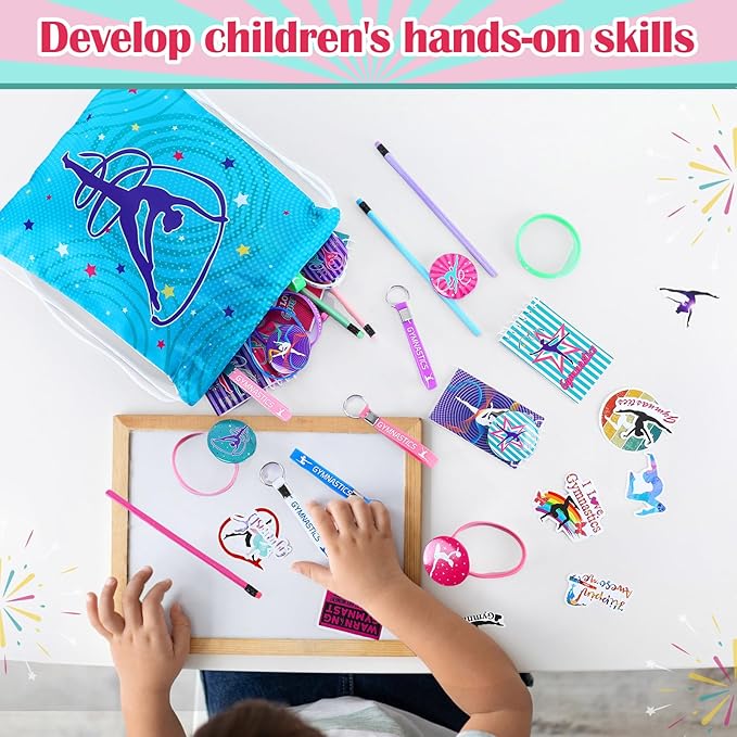 Lenwen 128 Pcs Gymnastics Party Favors Girl Gymnastics Drawstring Backpack Gymnastics Gift Gymnastics Stickers Glitter Pencils Keychain Spiral Notebook Button Pins Rubber Bracelets for Birthday Supply