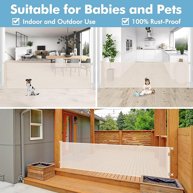 75 Inch Wide Retractable Baby Gate Retractable Dog Gate Indoor/Outdoor Retractable Gate, Long Baby Gate Wide Dog Gates for The House, Mesh Baby Gate Retractable Child Gates for Doorways/Stairs, Beige