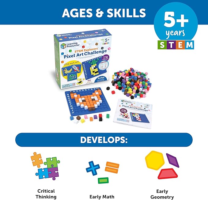 Learning Resources STEM Explorers Pixel Art Challenge, 402 Pieces, Ages 5+, STEM Toys for Kids, Coding Basics for Kids, STEM Activities for Classroom