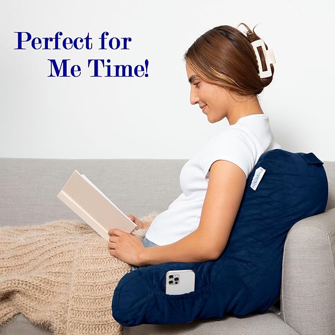 ComfortSpa Reading Pillow for Kids Teens Adult, Back Rest Pillow with Arms, Pockets, Washable Cover; Use as Back Pillow for Bed Sitting Up for Bedrest, Relief from GERD Heartburn (Standard Blue)