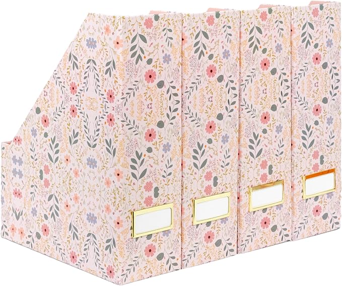 BLU MONACO | Cardboard Magazine File Holder Set of 4 | Standing File Holder with Floral Boho Design | Foldable Cardboard Bins for Shelves Desk Office Storage
