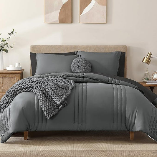 Monbix Queen Comforter Set - 7 Pieces Grey Bed in a Bag Queen Bedding Sets with Comforters, All Seasons Comforter Bed Set with Sheets,Pillowcases & Shams
