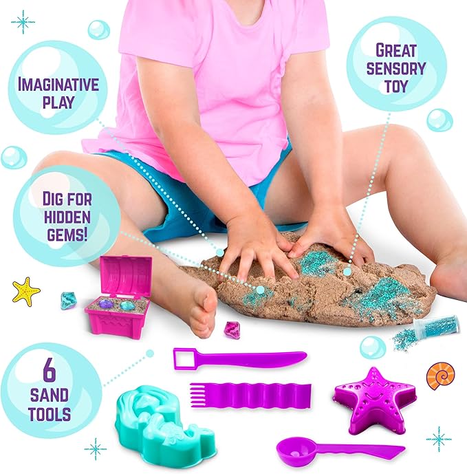GirlZone Mermaid Sensory Sand Kit, 2lbs Moldable Play Sand for Kids Aged 3+, Magic Sand with Gems, Tools & Portable Treasure Chest, Kids Toys for Playdates, Party Games & Gifting