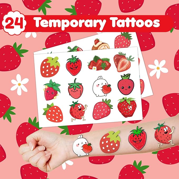 48PCS Strawberry Party Favors - 24PCS Tattoos & 24PCS Slap Bracelets - Berry Themed Birthday, Baby Shower, Goody Bag Fillers, Summer Party Supplies, Classroom Prizes, Gifts for Kids & Toddlers