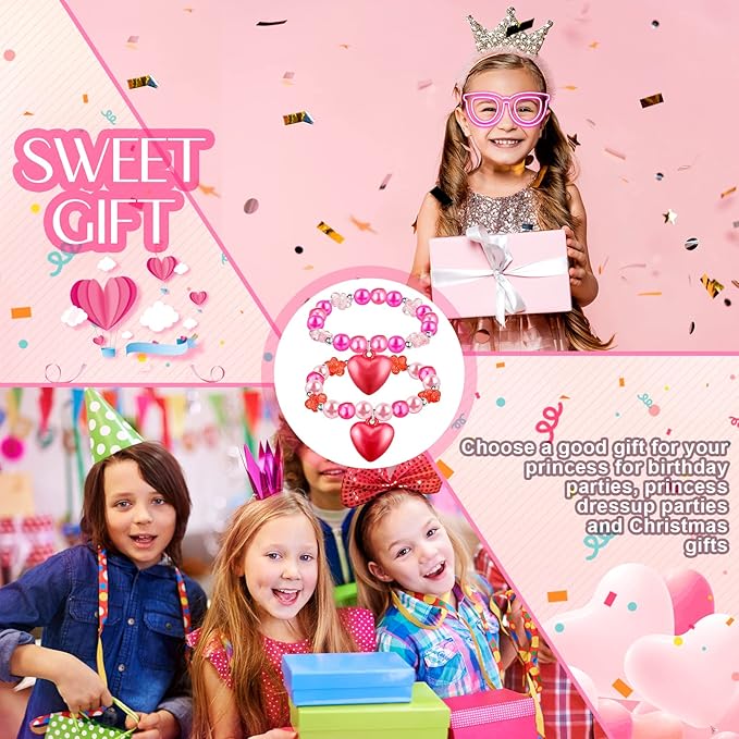 6 PCS Valentine's Day Girls Beaded Bracelets Cute Chunky Bubblegum Bracelets Heart Pendant Crystal Beaded Bracelet for Birthday Photo Props Costume Party Favors, Pink and Red