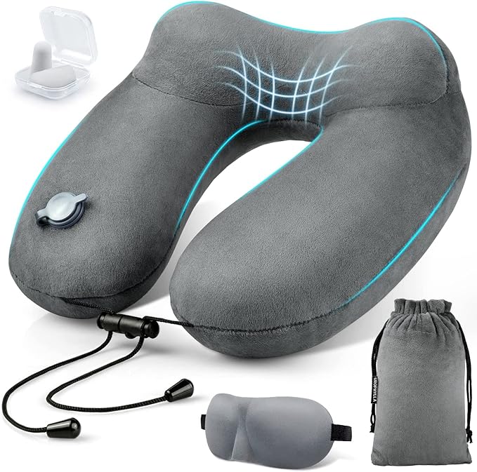 urophylla Inflatable Travel Neck Pillow for Airplanes, Super Soft Velvet Neck Support, Adjustable Firmness, Blow Up Plane Pillow for Long Flights, Road Trips, Travel Essentials with Eye Mask, Earplug