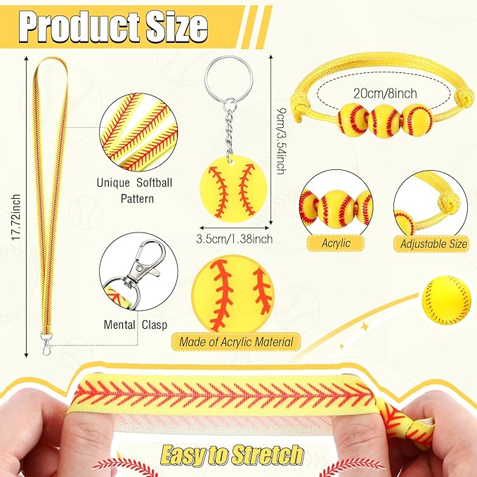 Abbylike 60 Pcs Softball Party Favors Set Softball Gifts for Girls 12 Softball Drawstring Bags 12 Softball Hair Ties 12 Softball Bracelets 12 Lanyards 12 Keychains for Sports Team Party Supplies