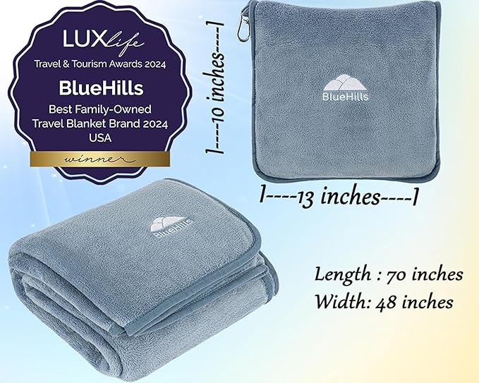 BlueHills Premium Soft Long Travel Blanket Pillow for Tall Airplane Flight Essentials Large Compact 2 in 1 Airline Throw Packable Warm Plane Traveling Comfort Accessories Grayish Blue T056