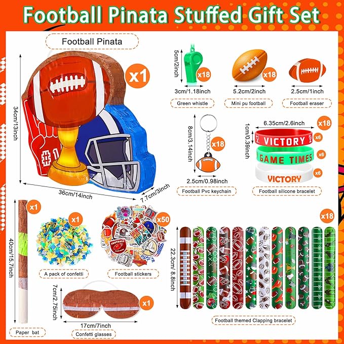 162 Pcs Football Piñata Football Party Favors with Blindfold Confetti Bat Stress Balls Keychains Wristbands Whistles Eraser Slap Bracelet Stickers Sports Piñata Birthday Party Decorations