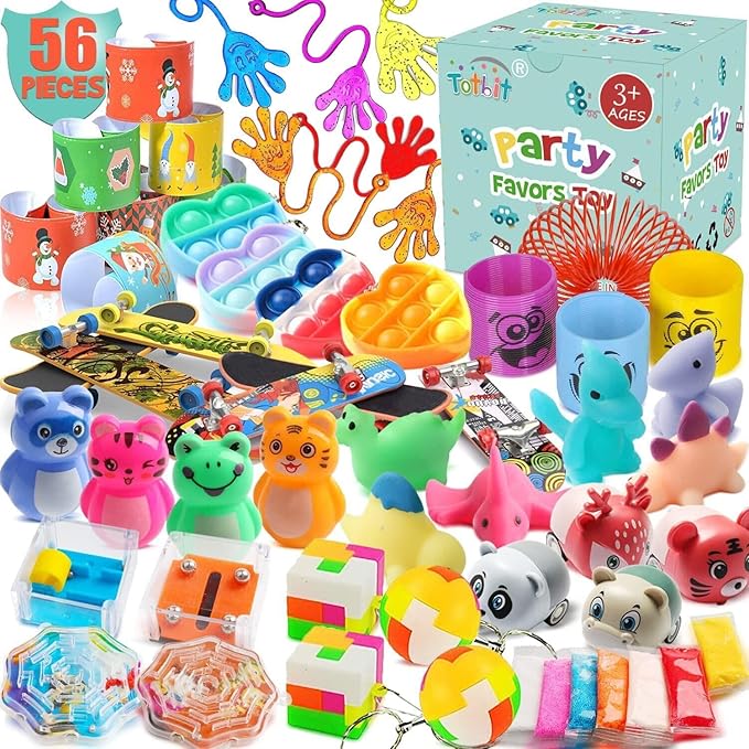 56 Pcs Party Favors Toys for Kids 4-8 8-12 3-5, Treasure Chest Box Toys Classroom Carnival Prizes Small Bulk Pop Fidget Toys Pack Pinata Stuffers Birthday Gifts Goodie Goody Candy Bags Fillers