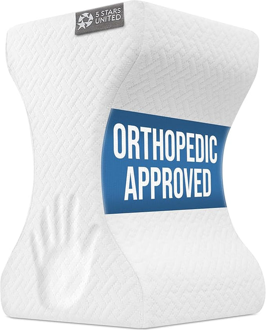 5 STARS UNITED Large Knee Pillow for Side Sleepers - Hip Pain Relief, Memory Foam Leg Cushion for Side Sleeping - Between Legs Pillow for Sciatica & Lower Back Pain, White