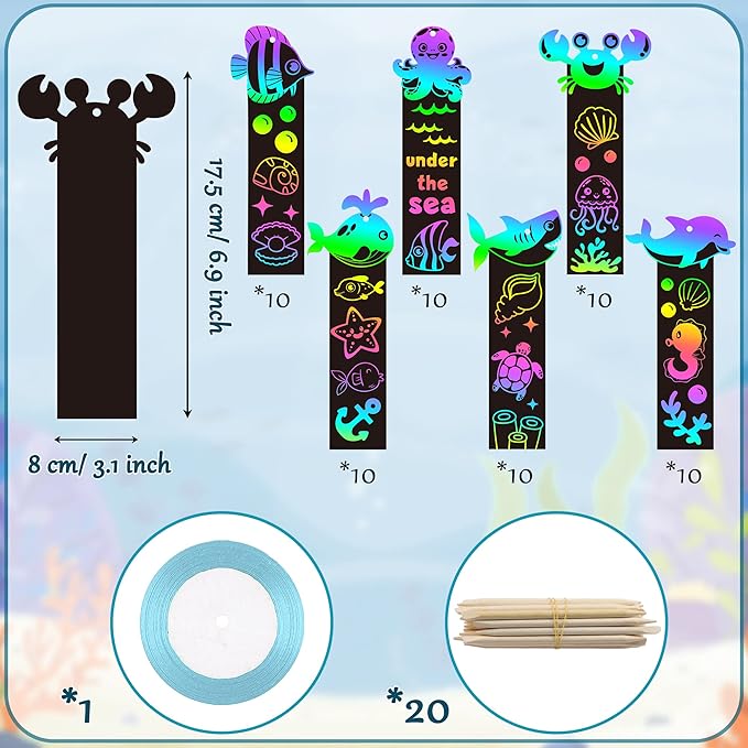 BeYumi 60Pcs Sea World Animals Scratch Bookmarks for Kids DIY Under The Sea Magic Art Rainbow Color Paper Craft Kit Summer Party Favors Birthday Gifts School Classroom Activity Art Project Supplies