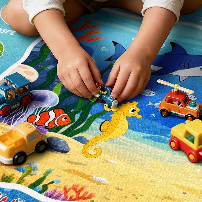 ABC Kids Ocean Rug for Playroom, 4x6ft Alphabet Classroom Rug, Educational Kids Play Mat with Number Shape Animal, Learning Area Rug for Nursery Bedroom Kidsroom, Colorful Non-Slip Washable