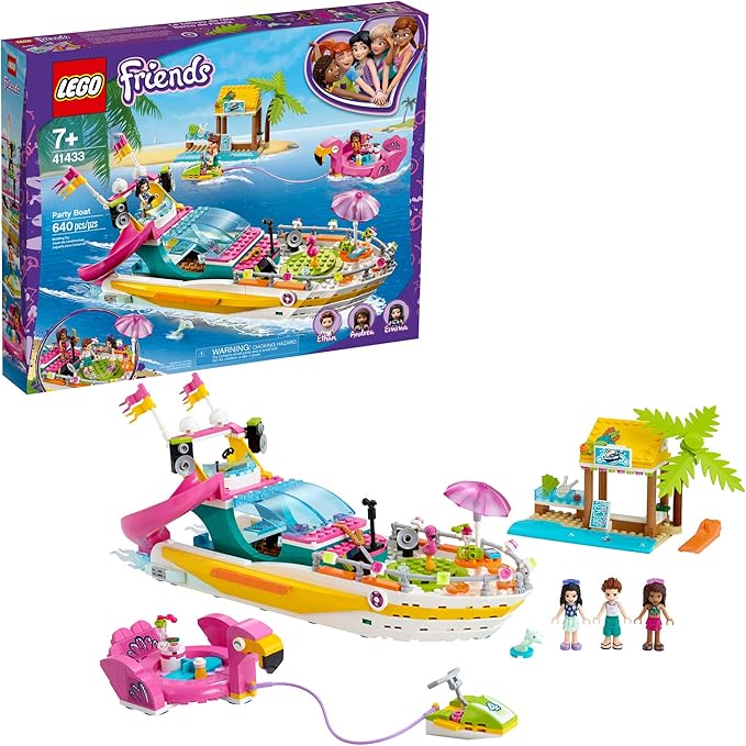 LEGO Friends Party Boat 41433 Including LEGO Friends Emma, Andrea and Ethan Mini-Doll Figures, Beach Store and Flamingo Party Boat, Great Summer Toy for Kids (640 Pieces)