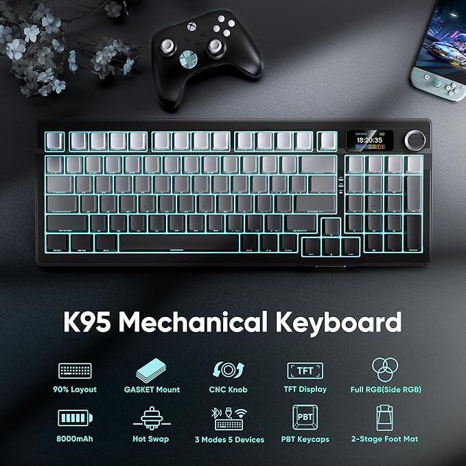 RedThunder K95 Wireless Mechanical Keyboard,TFT Screen & Knob, Trip-Modes Connection, Gasket Custom Hot-Swap Keyboard, RGB Backlit, Pre-lubed Linear Switches, Side Printed PBT Keycaps, Gray Gradient