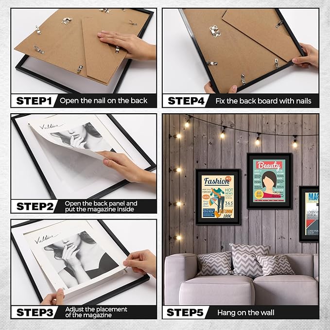 Geetery 4 Pcs Sports Magazine Frame for Wall Fits Measuring 8.5 x 11.25" Magazine Display Frame with Installed Hangers and Core Matting Plastic Comic Book Frames for Wall Hanging(Black , Black Mat)