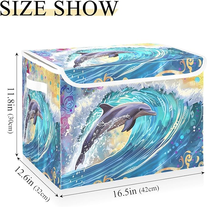 senya Large Storage Bins with Linen Collapsible Foldable Storage Cubes Fabric Closet Organizer Containers box with Flip-Top Lid for Home Bedroom Office 16.7 x 12.6 x 11.8in (Dolphin)