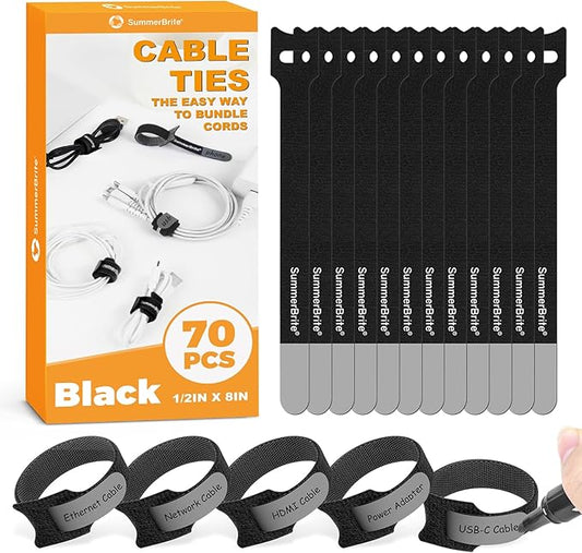 SummerBrite 70 Pack Black Cable Ties 8 Inch with Writable Labels, Reusable Cord Organizer Straps, Hook & Loop Wire Management for Extension Cords, Garage Tools, Power Strips & Heavy Duty