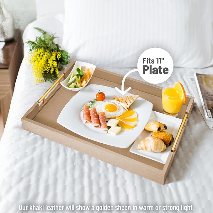 ATZYmolin 17" x 12" Wood Serving Tray with Gold Polished Metal Handles, Home Decorative Wooden Rectangle Ottoman Leather Decor Platter Bathroom Vanity Tray for All Occasions Khaki