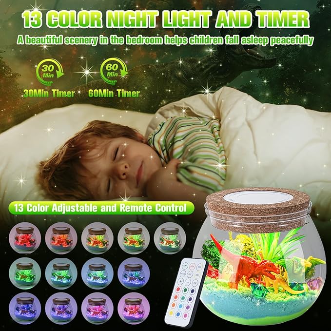 Ideashop Dinosaur Light Up Terrarium Kit for Kids, Educational DIY Arts and Crafts Science Kit Activities Kits, Kids Dinosaur Toys Birthday for Boys Girls Ages 4 5 6 7 8 9 10 Year Old