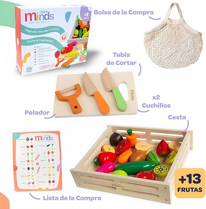 37 Pcs MINI MINDS Wooden Play Food, Shopping Bag & List. Magnetic Toddler Cutting Set, Play Food Sets for Kids Kitchen, Pretend Play Toys, Play Kitchen Toys, Montessori Toys
