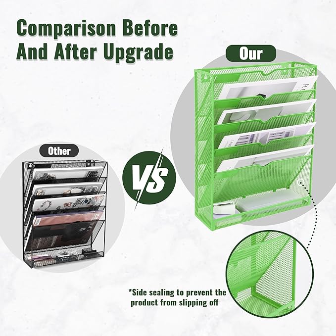 EASEPRES 6 Tier Mesh Hanging Wall File Organizer, Desk Vertical Mail Paper Document Folder Holder Rack with Bottom Tray and Nametag Label for Office Home School, Green