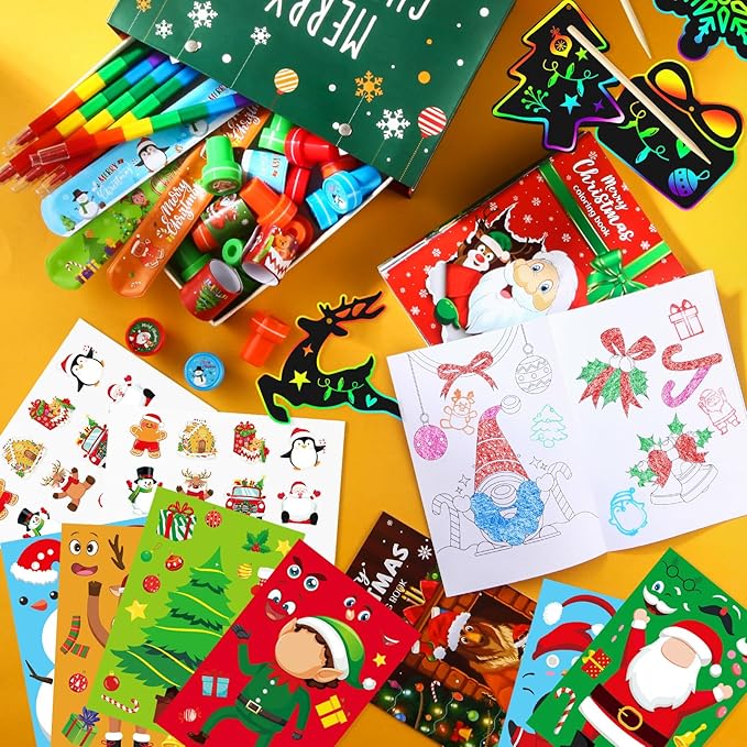 BenLouis Christmas Party Favors for Kids Christmas Classroom Gifts Prize Stockings Filler Coloring Books Bulk for Students Crafts Xmas Holiday School Goodie Bag Stuffer（12Set Christmas）