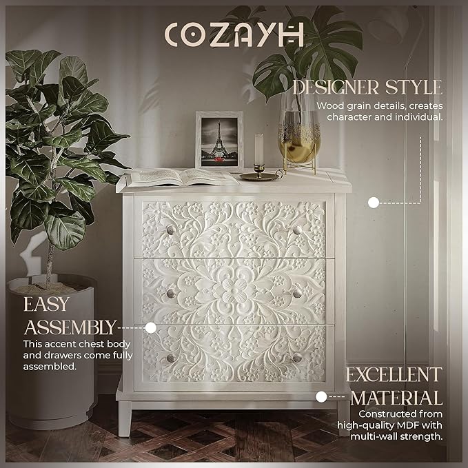 COZAYH 3-Drawer Fully-Assembled Flower Motif Dresser for French Country, Farmhouse, Modern, Rustic Style, Distressed Finish, White-Washed