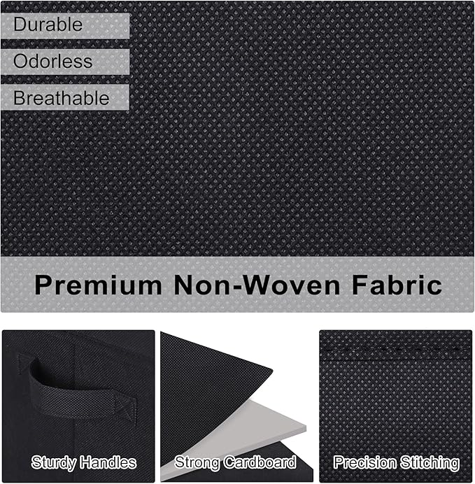 WUIKE 3 Pack Large Fabric Storage Bins with Lids, Decorative Storage Boxes with Handles, Storage Baskets for Shelves, Foldable Storage Containers, Closet Organizers for Towels, Clothes, Black