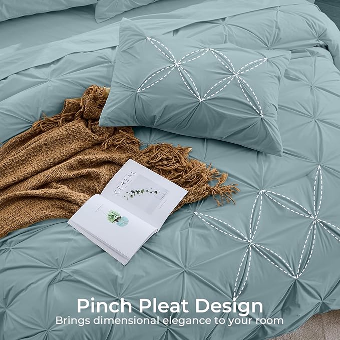 Sasttie Full Size Comforter Set, 7-Piece Bed in a Bag, Pintuck Bedding Sets for All Season, Includes Comforter, Flat Sheet, Fitted Sheet, Pillowcases and Pillowshams, Greylish Blue