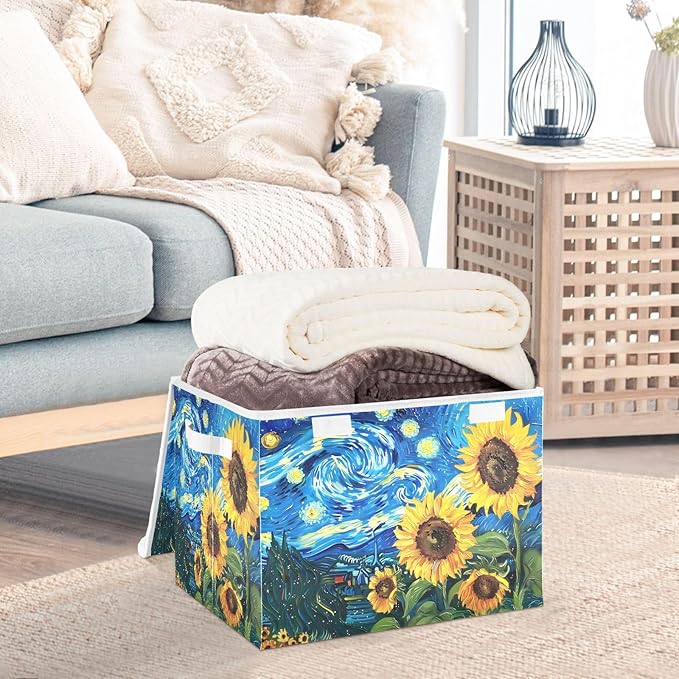 senya Large Storage Bins with Linen Collapsible Foldable Storage Cubes Fabric Closet Organizer Containers box with Flip-Top Lid for Home Bedroom Office 16.7 x 12.6 x 11.8in (Sunflowers Sky)