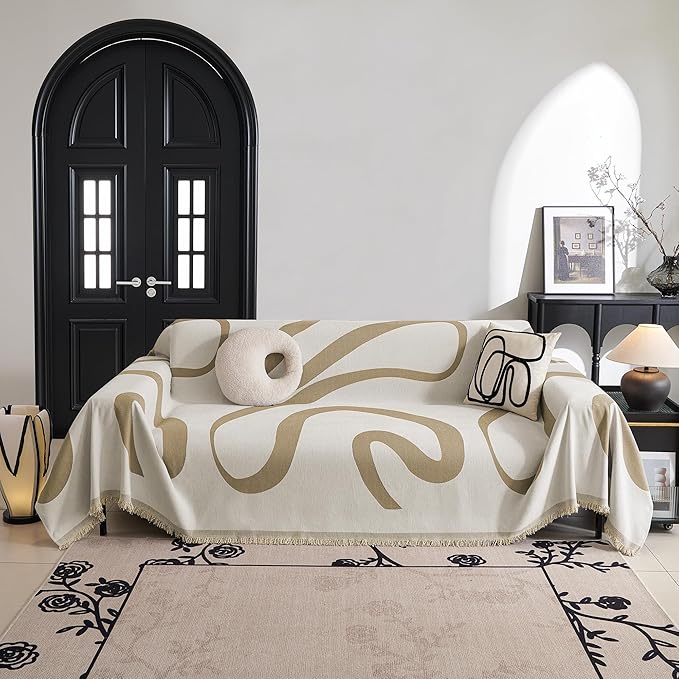 MYSKY HOME Boho Couch Cover Super Soft Couch Covers for 2-3 Cushion Couch Sofa, Modern Khaki Jacquard Sofa Slipcover Loveseat Futon Cover, Couch Covers for Sectional Sofa, 71" x 134", Khaki Curve