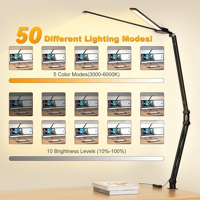 LED Desk Lamp for Office Home, 31.5" Architect Desk Light with Clamp Dual Screen Computer Monitor, 15W 5 Color X 10 Brightness Levels Desk Lamp for Reading, Study, 1000LM Bright, Memory Function