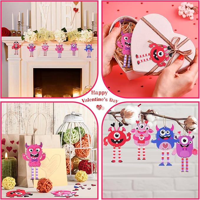 24 Sets Valentine's Day Crafts Monster Sign Crafts with Beads Make Your Own Monster Wood Ornament DIY Craft Art Kit for Holiday Party Favors Activities Decor Gift Exchange