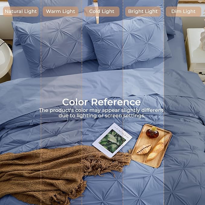 Sasttie King Size Comforter Set, 7-Piece Bed in a Bag, Pintuck Bedding Set for All Season, Includes Comforter, Flat Sheet, Fitted Sheet, Pillowcases and Pillowshams, Slate Blue