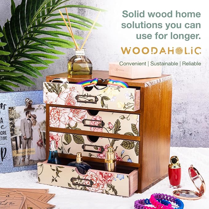 4-Drawer Vintage Desk Organizer with Jacobean Pattern Pastel Flowers Curio Drawer Dresser, Closet, Tabletop - Embroidery Reel Shelf Wood Desktop Organizing Cabinet - Victorian Floral Design