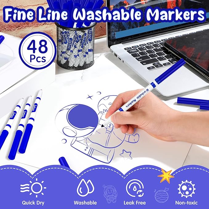 Janlaugh 48 Pcs Line Washable Markers Bulk Blue Fine Tip Markers Set Coloring Markers for Kids Thin Washable Markers Blue Tips Markers for Art School Supplies, Back to School Supplies, Ages 6+