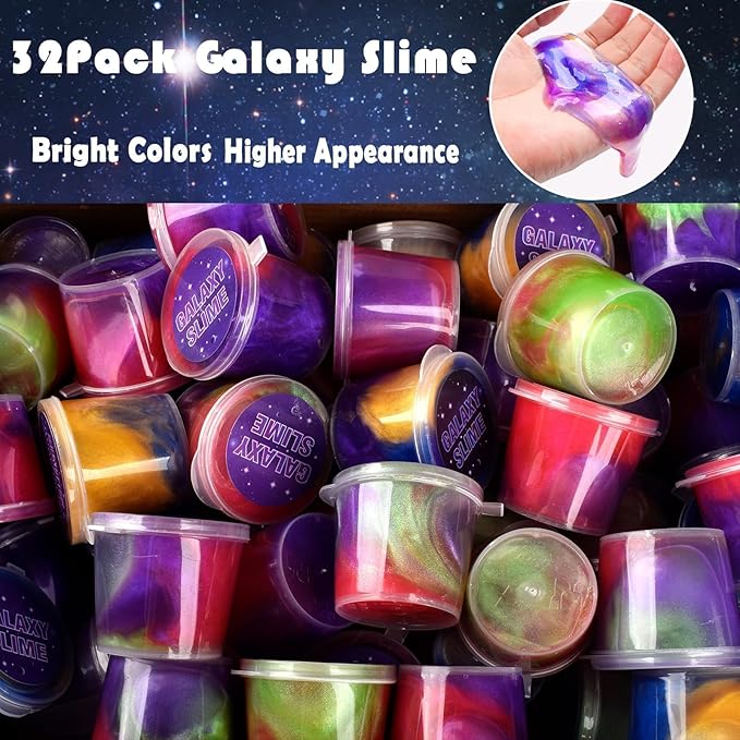 32 Pack Galaxy Slime, School Classroom Valentine's Gifts Exchange,Valentine's Day Gifts for Kids, Easter Party Favors for Girls and Boys, Super Soft and Non-Sticky Slime Toys Kit