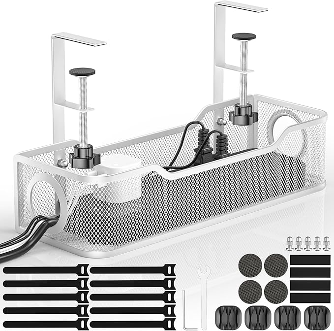 Under Desk Cable Management Tray - GZOKMOG No Drill Cord Organizer with Clamp, Workspace Organizers for Cords, Metal Mesh Wire Management for Home and Office, 1 Pack White, 13.38 inch