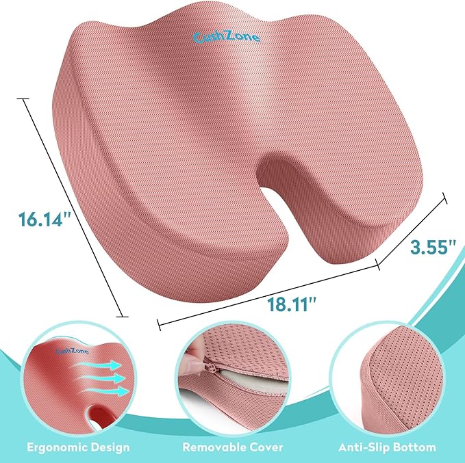 Office Chair Seat Cushion, Cooling Gel Enhanced Memory Foam Cushion for Long Sitting - Back, Sciatica, Coccyx, Tailbone Pain Relief Pillow - for Office, Gaming, Car, Wheelchair - Pink, X-Large