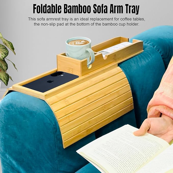Adjustable Bamboo Couch Cup Holder (Fits 4.5” to 14” Arms) - Foldable Non-Slip Bamboo Sofa Armrest Tray - Detachable Sofa Arm Tray Couch Caddy with Cup Holder for Drinks, Phone, Remote, Snacks