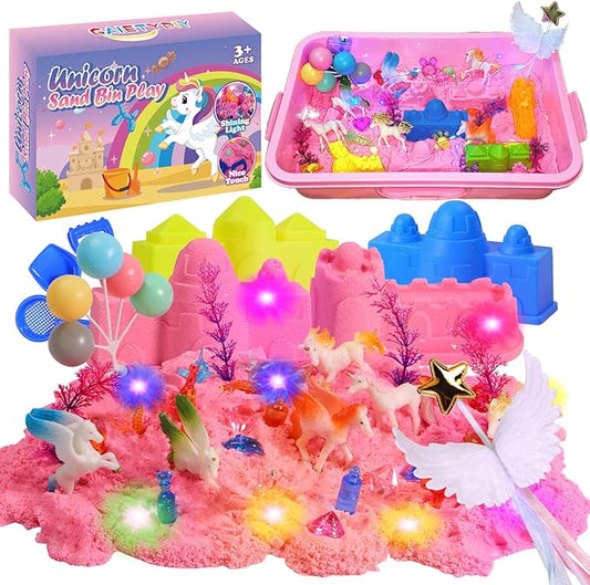 GAIETYDIY Unicorn Magic Sand Kit for Girls, Sensory Bins for Toddlers with LED Light, 2.2lbs Sensory Sand, Castle Decoration, Sandbox with lid, Unicorn Play Set, Beach Toy Gift for Kids 3 4 5 6 7 8…