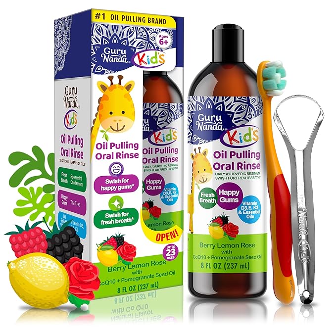 GuruNanda Kids Oil Pulling, Alcohol-Free Mouthwash, Essential Oils & Vitamins for Fresh Breath & Happy Gums for Ages 6 & up, Natural Berry Lemon Rose, 8 Oz