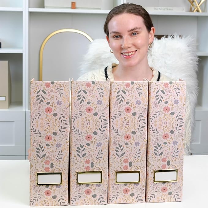 BLU MONACO | Cardboard Magazine File Holder Set of 4 | Standing File Holder with Floral Boho Design | Foldable Cardboard Bins for Shelves Desk Office Storage