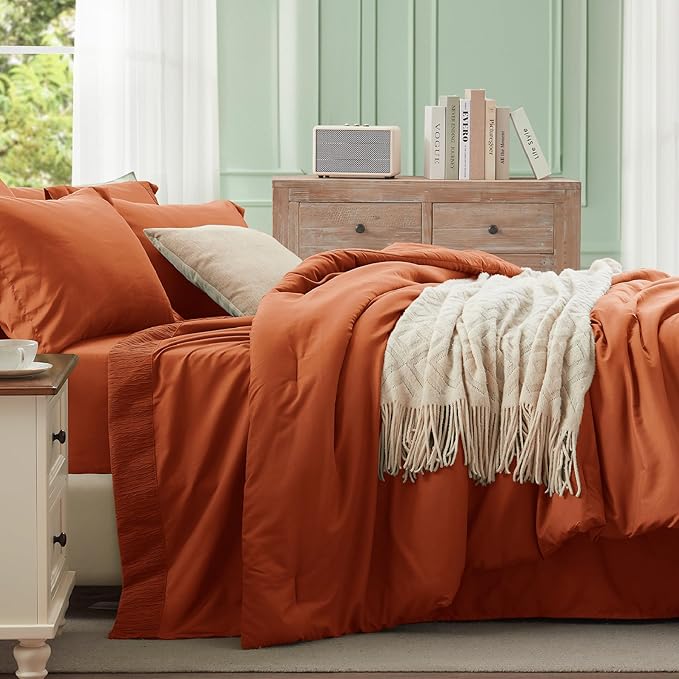 Anluoer Burnt Orange King Comforter Set 7 Pieces, Bed in a Bag with Sheets, All Season Bedding Sets with 1 Comforter, 2 Pillow Shams, 2 Pillowcases, 1 Flat Sheet, 1 Fitted Sheet