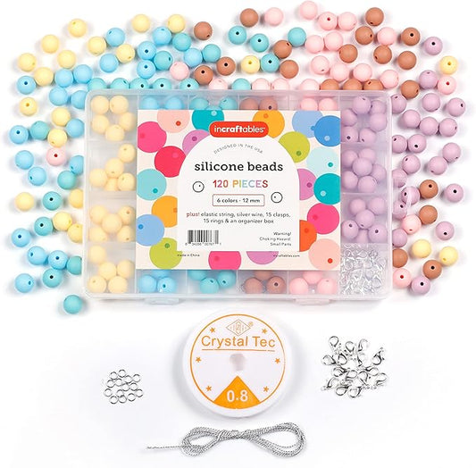 Incraftables Silicone Beads for Keychain Making – 120pcs Kit (6 Colors). Bulk Silicon Mix for Jewelry & DIY. 12mm Round Pieces with String, Silver Wire, Clasps & Organizer.