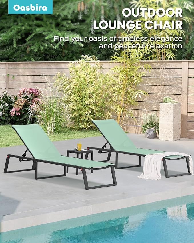 Aluminum Chaise Lounge Chair Outdoor, Foldable & Assembly Free Patio Pool Lounge Chairs 5-Position Recliner for Outside Poolside, Fully Grounded Legs Sun Lounger for Beach, Yard, Light Green