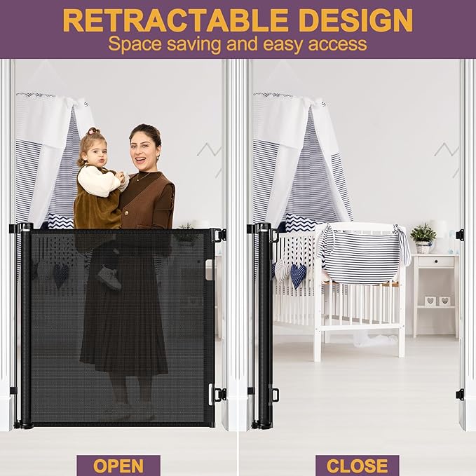 42" Tall X 60" Wide Retractable Baby Gates Extra Tall Pet Gate for Doorways Tall Dog Gate for Kids and Pets Extra Tall Cat Gate for Hallway Adjustable Mesh Gate Indoor Outdoor (Black)